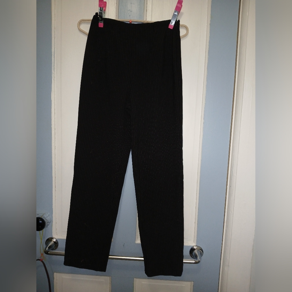 WALLIS** POLYESTER TROUSERS SZ 10 STRETCHY NAVY BLUE W/PIN STRIPE Y2K Side Zip